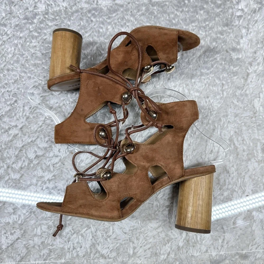 Rebecca Minkoff Shoes Womens Size 6M Brown Suede Lace Up Heels Gold Studs Block